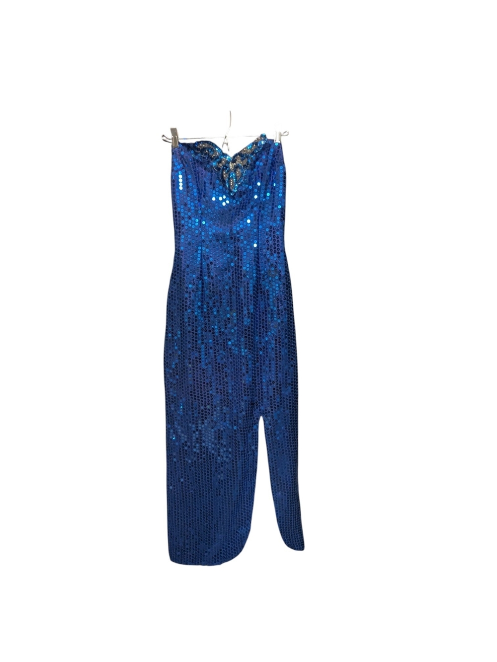 80s Blue Sequin Formal Dragwear Side Slit Sweet Heart Neckline